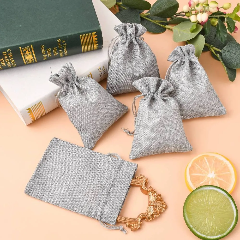 250 pc Polyester Imitation Burlap Packing Pouches Drawstring Bags, for Christmas, Wedding Party and DIY Craft Packing, Gray, 14x10cm