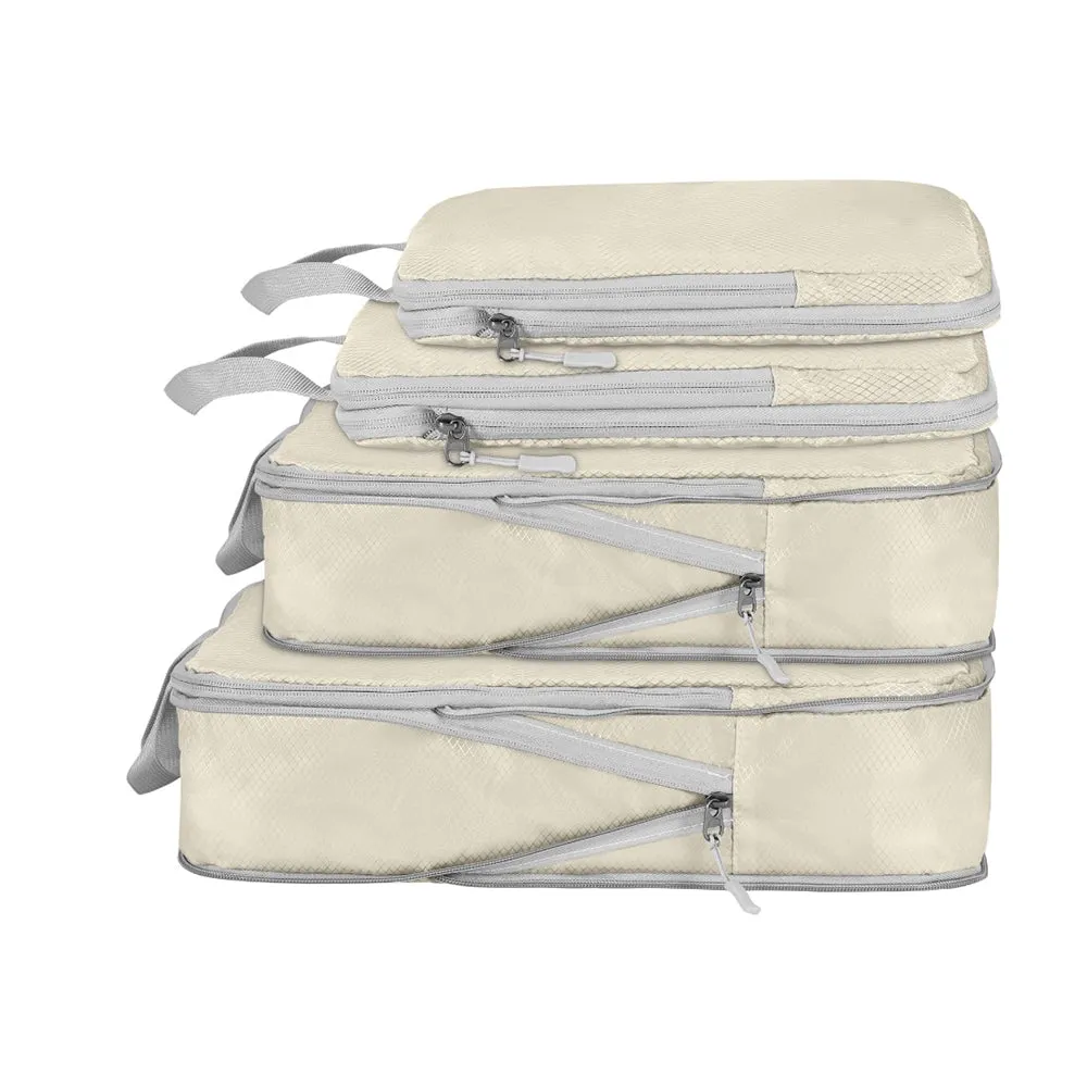 4Pcs Compression Packing Cubes Travel Luggage Storage Bags Organizers Beige