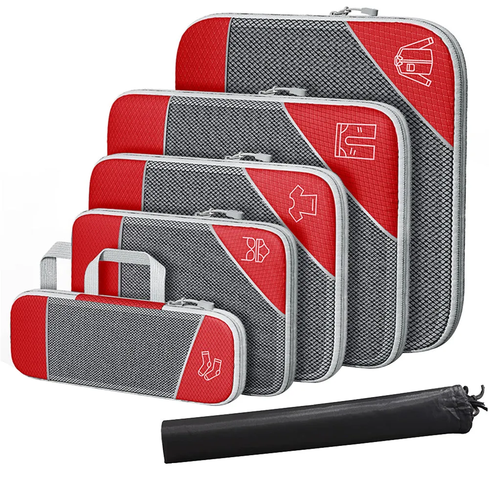 6 Pcs Set Compression Packing Cubes Travel Accessories Expandable Packing Organizers Red