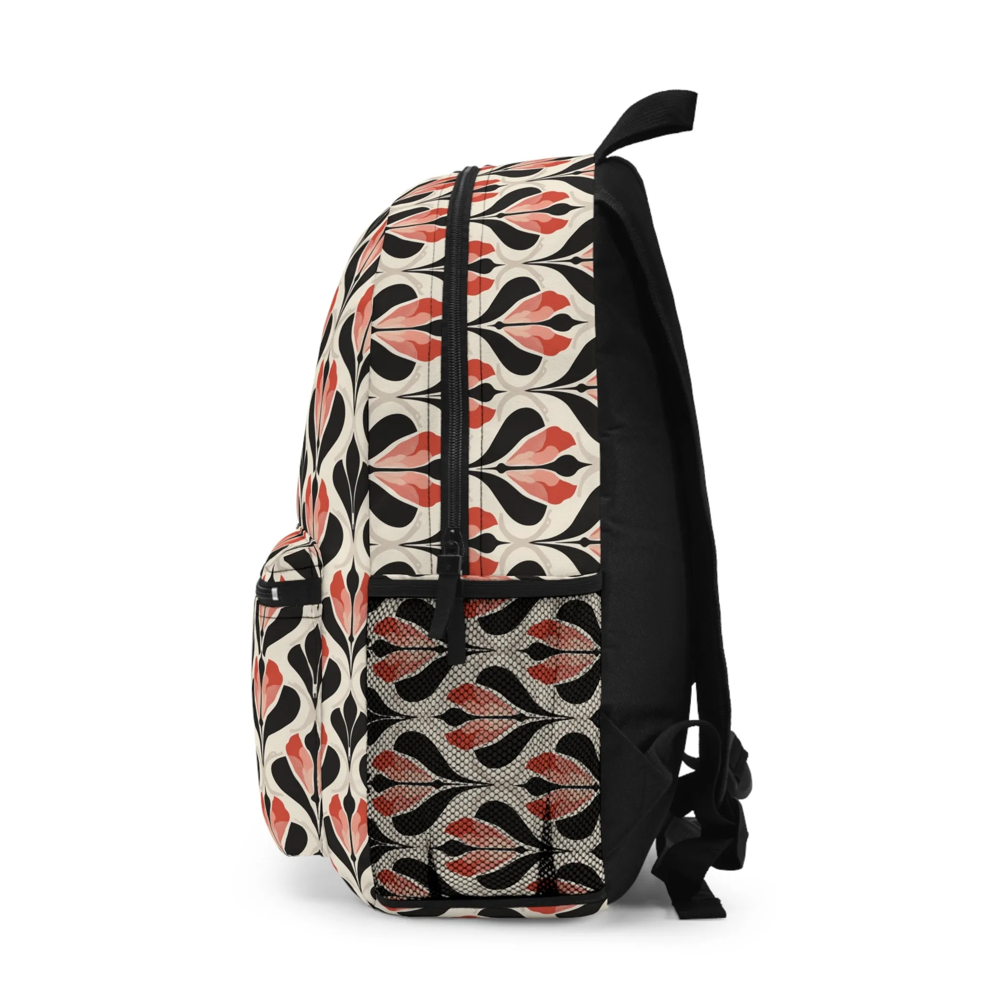 Art Deco Elegance Red Floral Motif on Cream Lightweight Stylish Durable Backpack (Made in USA)