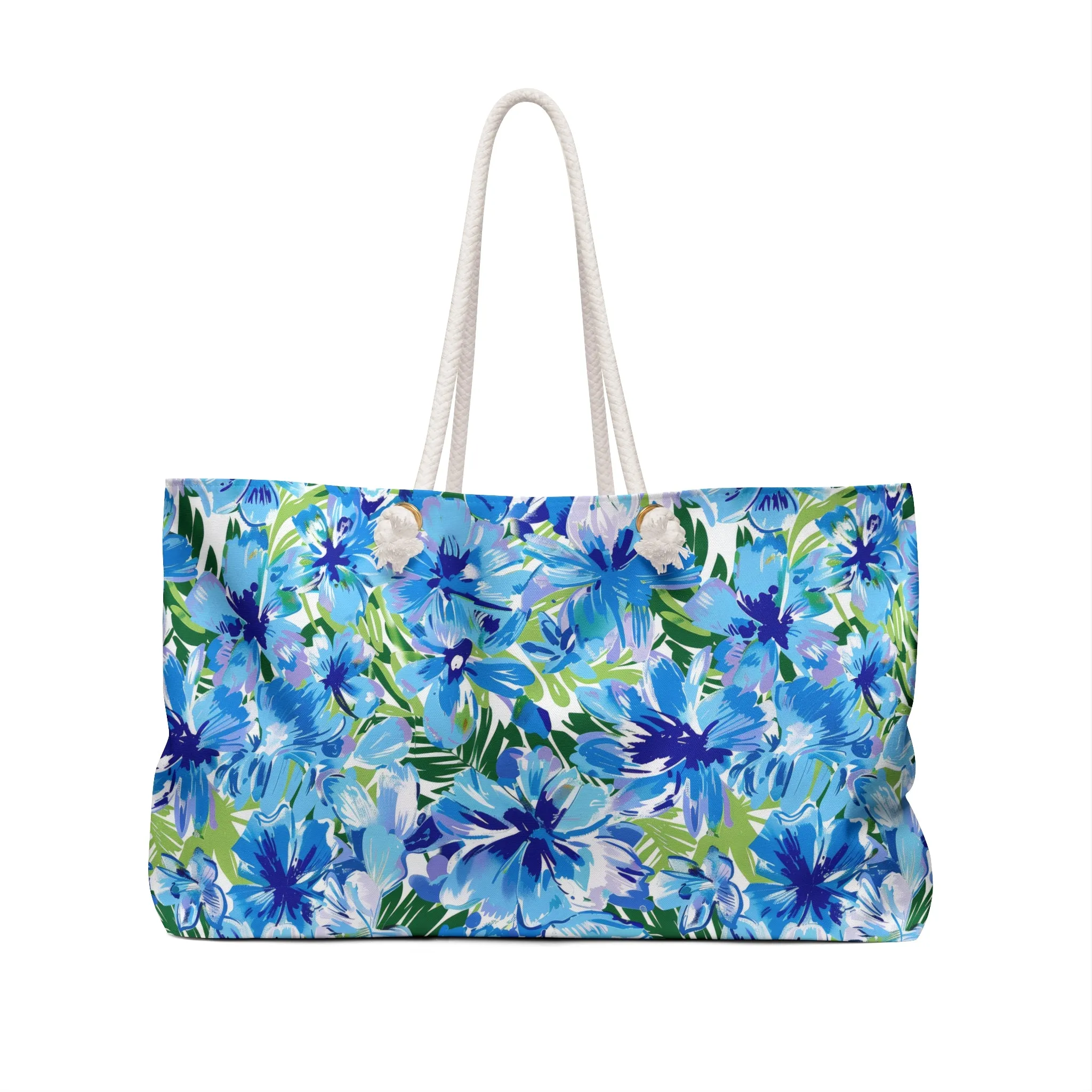 Azure Bloom Oasis: Bright Blue Large Flowers with Lush Green Palm Leaves  Oversized Weekender Bag