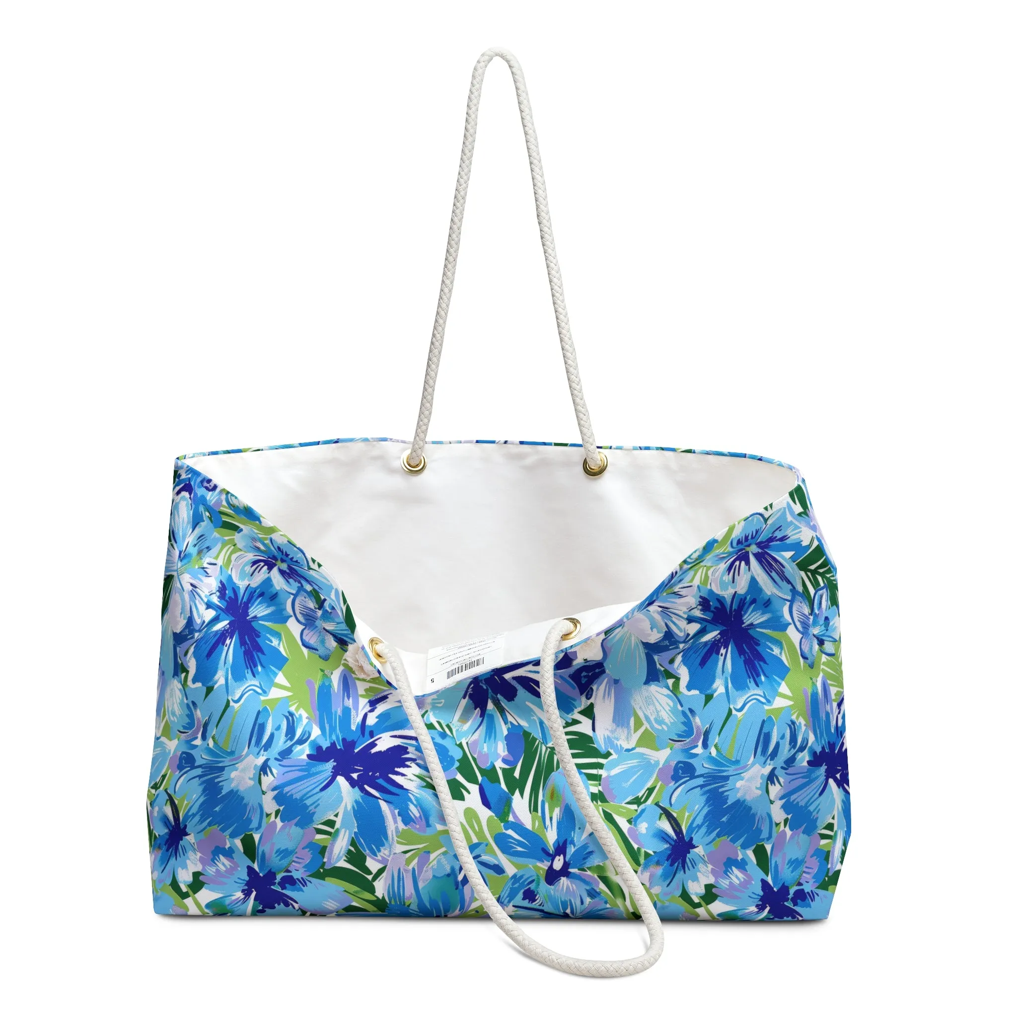 Azure Bloom Oasis: Bright Blue Large Flowers with Lush Green Palm Leaves  Oversized Weekender Bag