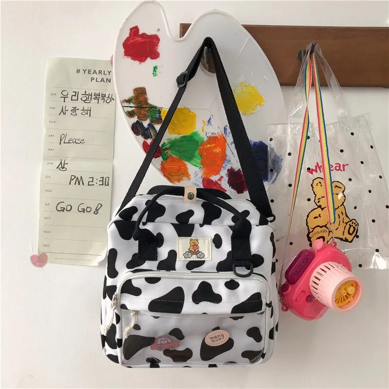 Back to College DCIMOR New Lovely Cow Spotted Women Backpack Female Suede Multi-function Travel Bag Transparent Front Pocket Small Schoolbag