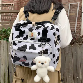 Back to College DCIMOR New Lovely Cow Spotted Women Backpack Female Suede Multi-function Travel Bag Transparent Front Pocket Small Schoolbag
