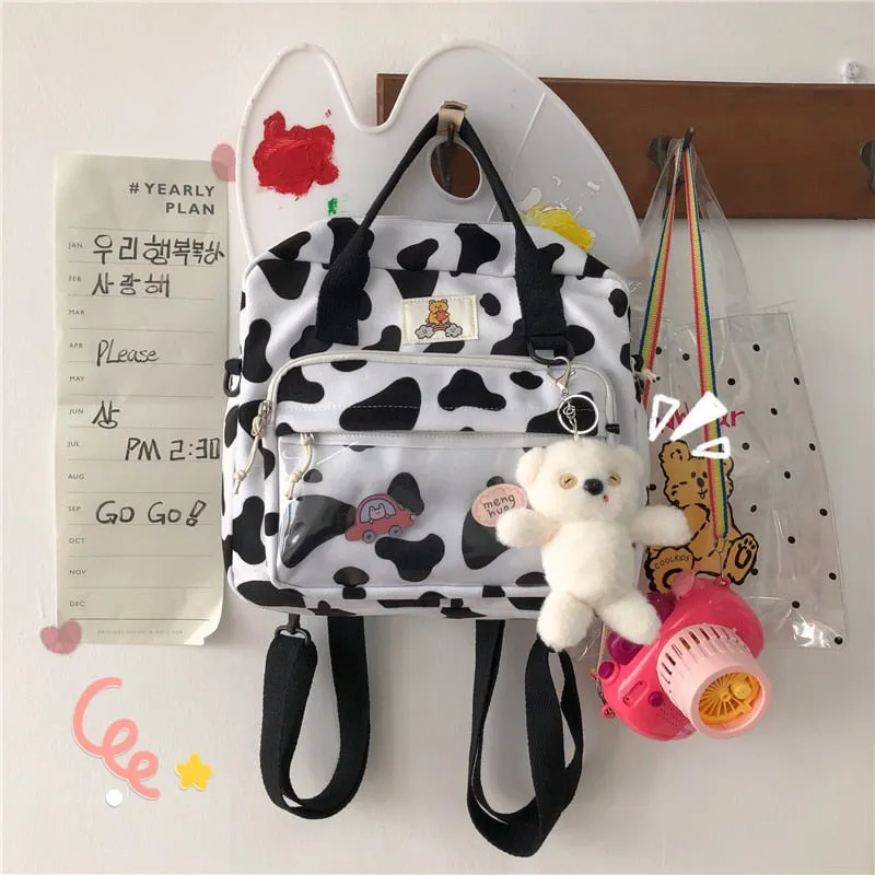 Back to College DCIMOR New Lovely Cow Spotted Women Backpack Female Suede Multi-function Travel Bag Transparent Front Pocket Small Schoolbag