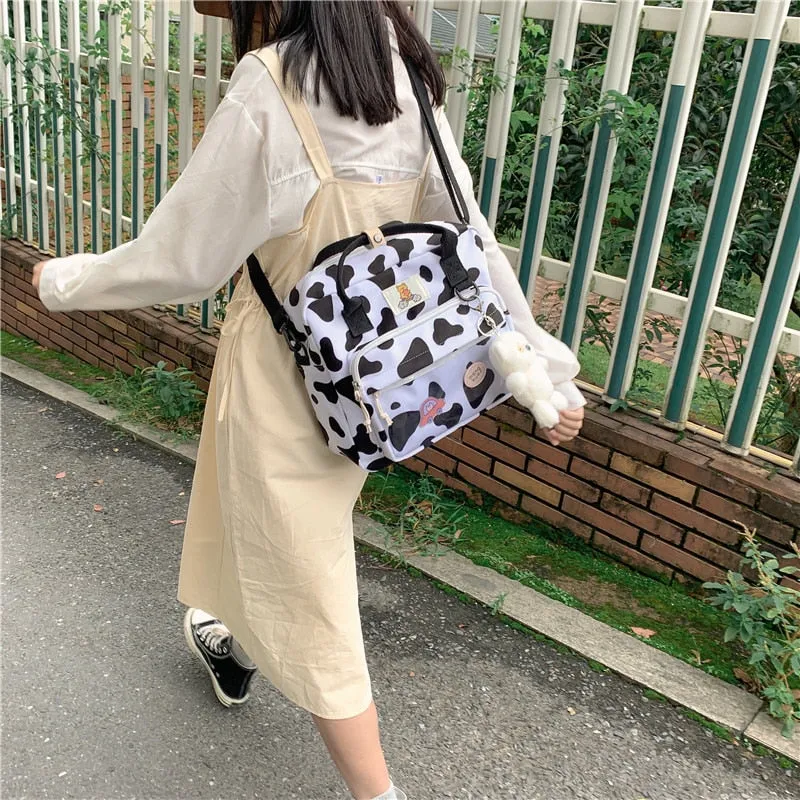 Back to College DCIMOR New Lovely Cow Spotted Women Backpack Female Suede Multi-function Travel Bag Transparent Front Pocket Small Schoolbag
