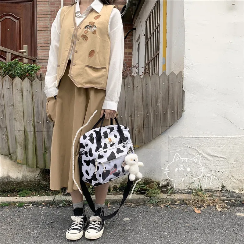 Back to College DCIMOR New Lovely Cow Spotted Women Backpack Female Suede Multi-function Travel Bag Transparent Front Pocket Small Schoolbag