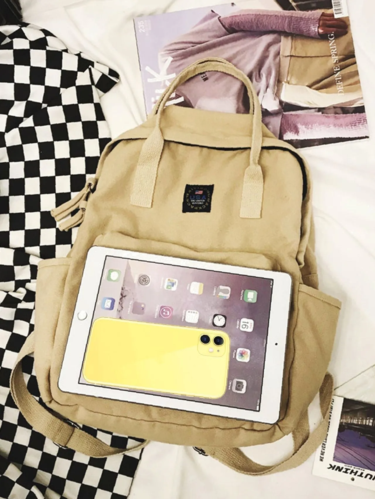 Bag For Love  Pocket Front Canvas Backpack   Women Backpacks