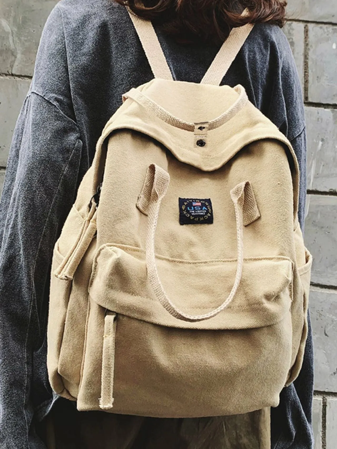 Bag For Love  Pocket Front Canvas Backpack   Women Backpacks