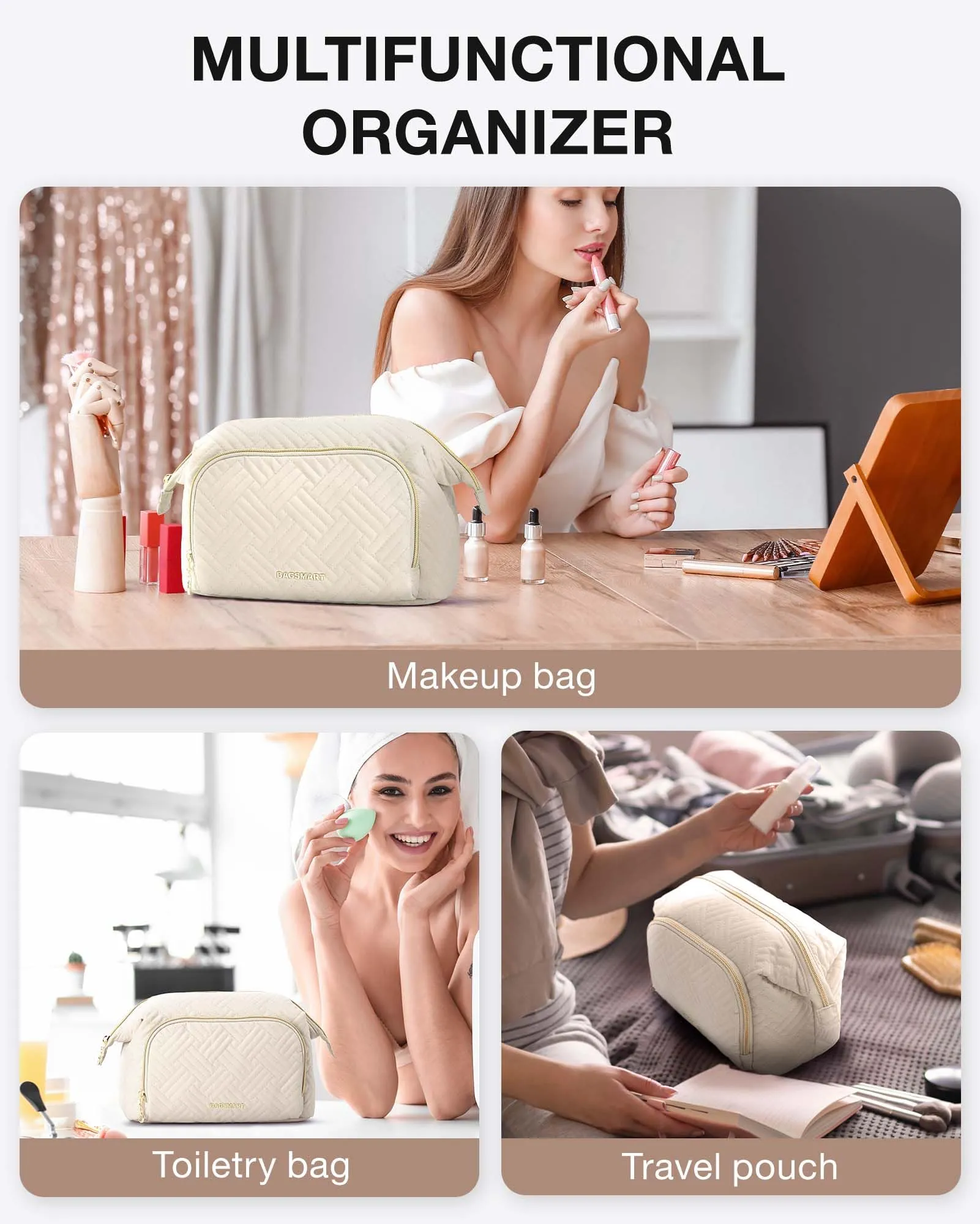 BAGSMART Travel Makeup Bag, Cosmetic Bag Make Up Organizer Case, Dorm Room Essentials Large Wide-open Pouch Women Travel Essentials Double Layers Purse for Toiletries Accessories Brushes Pink
