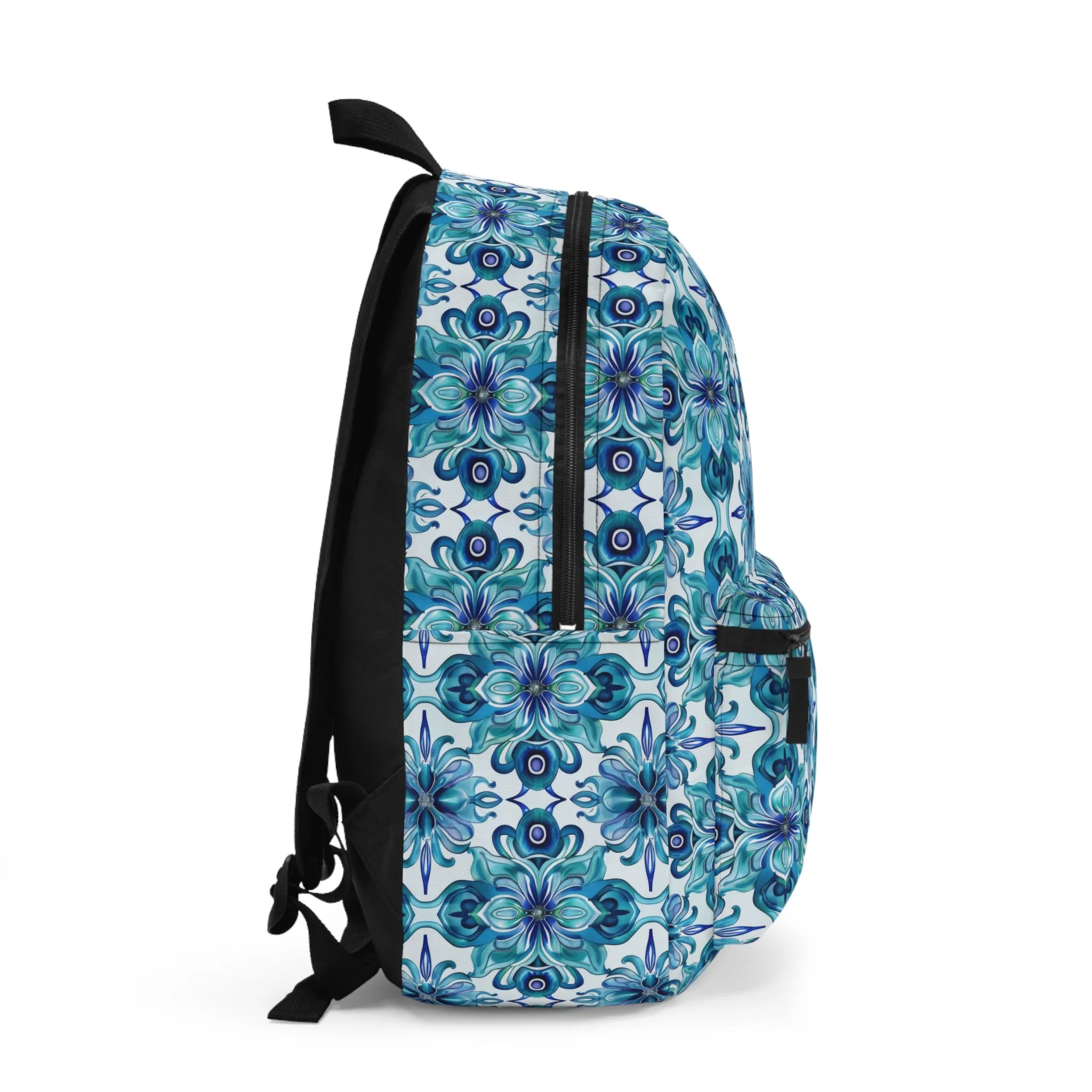 Blossom Symphony of Blue Teal Intricate Floral Pattern Lightweight Stylish Durable Backpack (Made in USA)