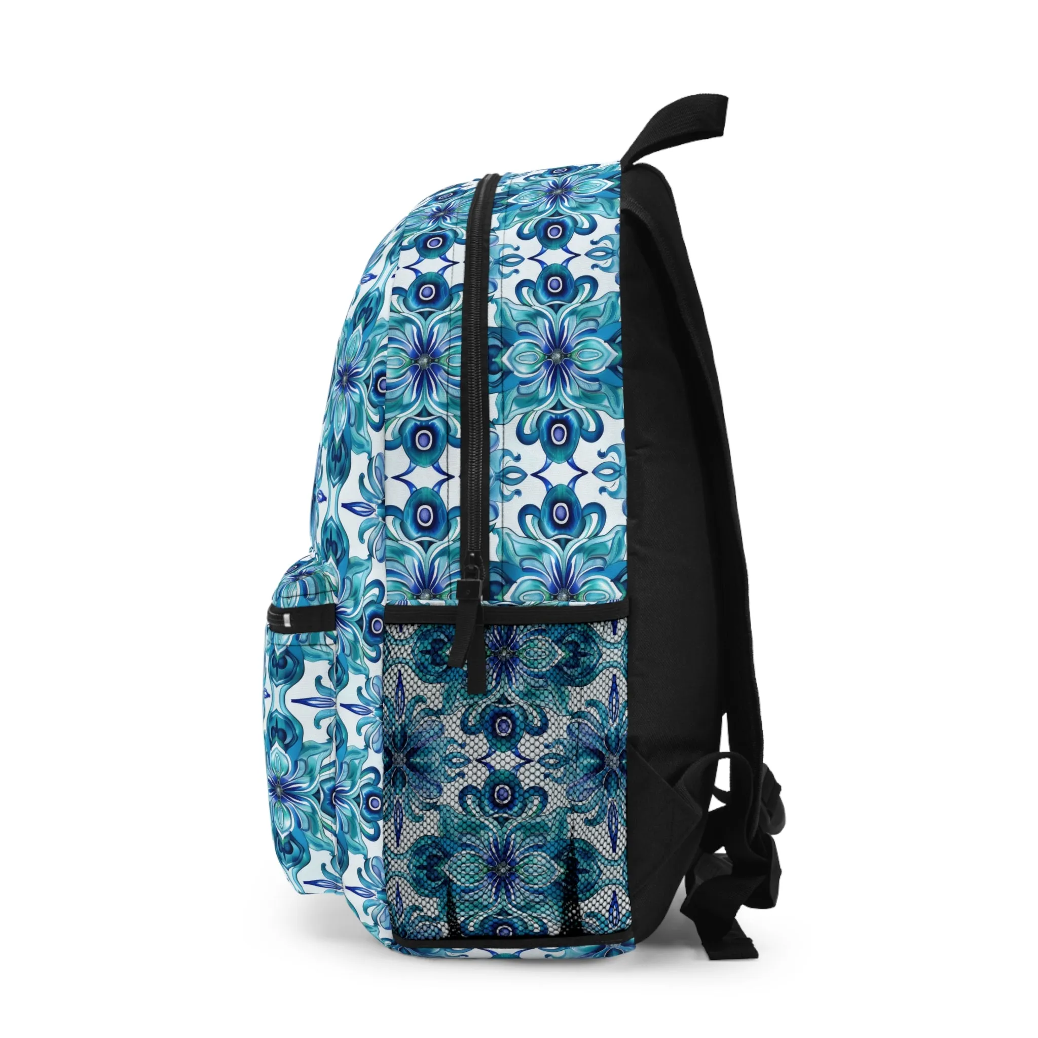 Blossom Symphony of Blue Teal Intricate Floral Pattern Lightweight Stylish Durable Backpack (Made in USA)