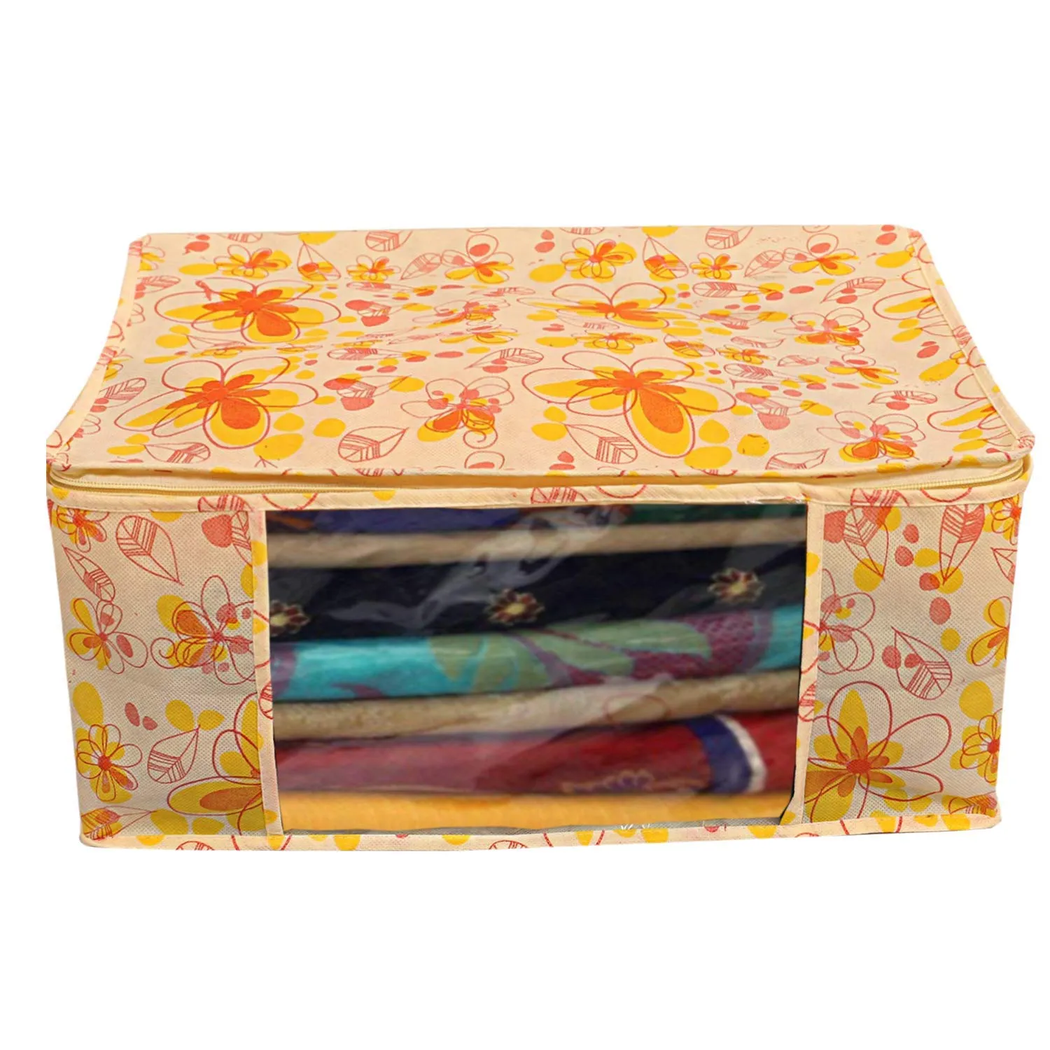 Heart Home Red Flower Non Woven Saree Cover|Transparent Window & Zipper Closure|Regular Cloth Bag|Wardrobe Organiser Set|Pack of 3 (Yellow)