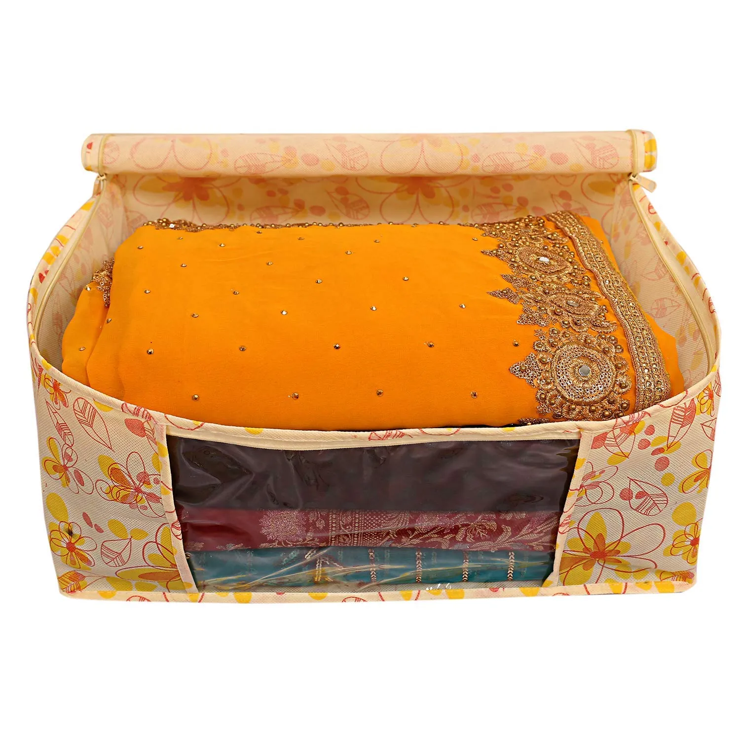 Heart Home Red Flower Non Woven Saree Cover|Transparent Window & Zipper Closure|Regular Cloth Bag|Wardrobe Organiser Set|Pack of 3 (Yellow)