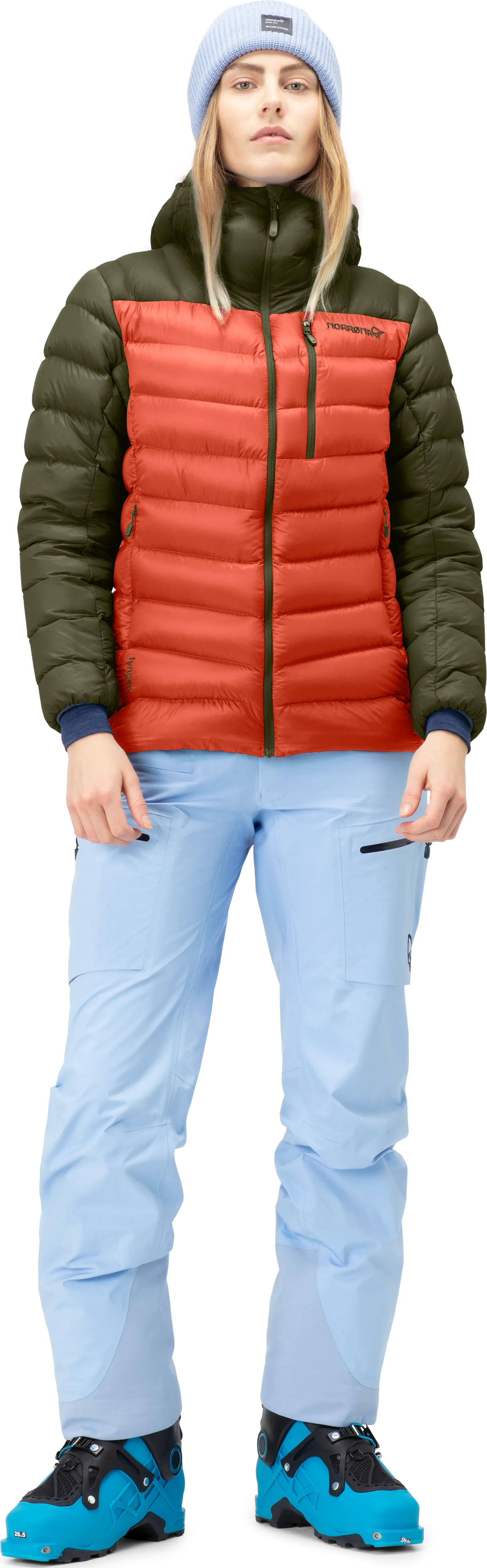 Norrøna Women&#x27;s Lyngen Down850 Hood Olive Night/Orange Alert | Buy Norrøna Women&#x27;s Lyngen Down850 Hood Olive Night/Orange Alert here | Outnorth