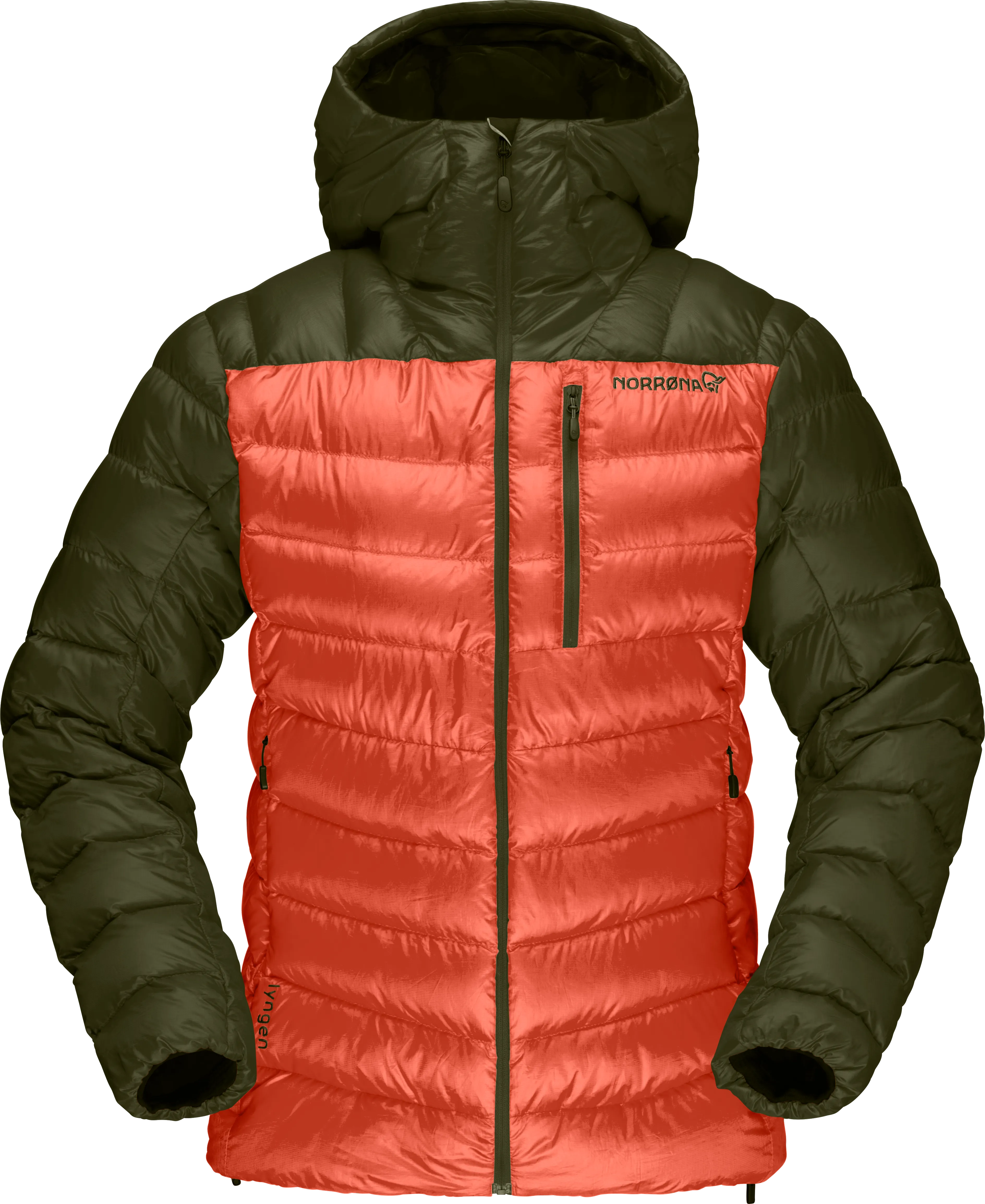 Norrøna Women&#x27;s Lyngen Down850 Hood Olive Night/Orange Alert | Buy Norrøna Women&#x27;s Lyngen Down850 Hood Olive Night/Orange Alert here | Outnorth