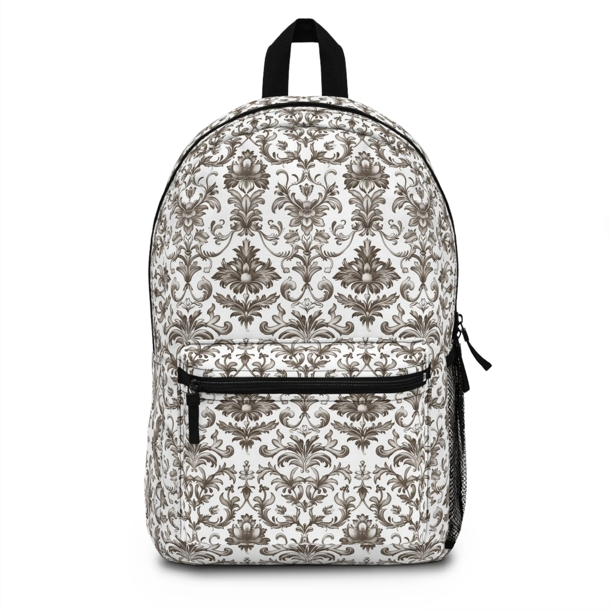 Timeless Rococo Elegance in Detailed Brown and White Floral Pattern Lightweight Stylish Durable Backpack (Made in USA)