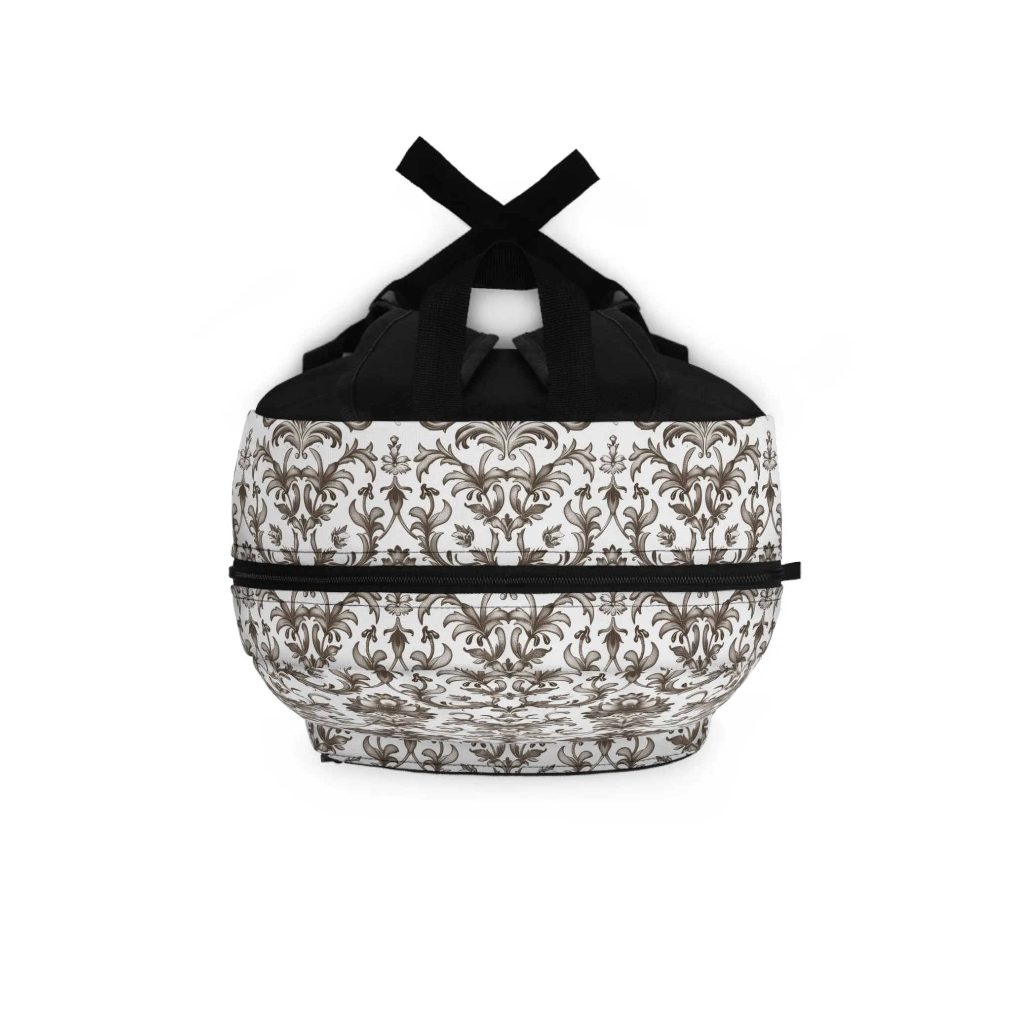 Timeless Rococo Elegance in Detailed Brown and White Floral Pattern Lightweight Stylish Durable Backpack (Made in USA)
