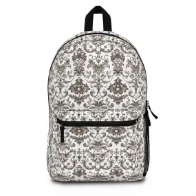 Timeless Rococo Elegance in Detailed Brown and White Floral Pattern Lightweight Stylish Durable Backpack (Made in USA)