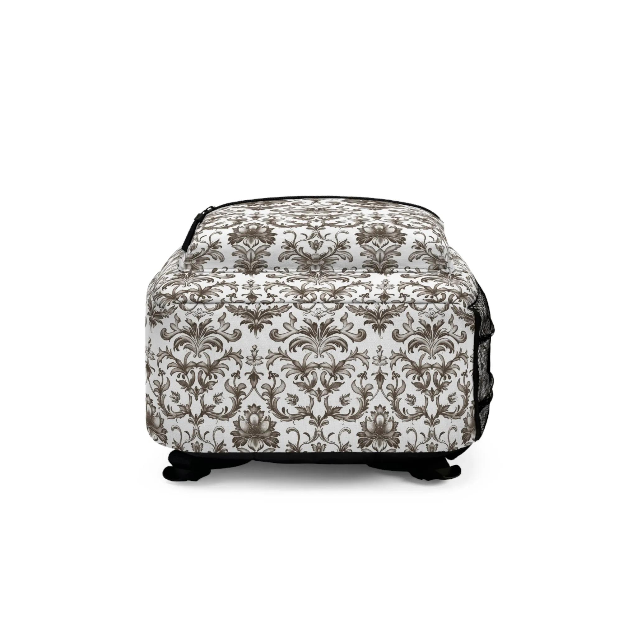 Timeless Rococo Elegance in Detailed Brown and White Floral Pattern Lightweight Stylish Durable Backpack (Made in USA)