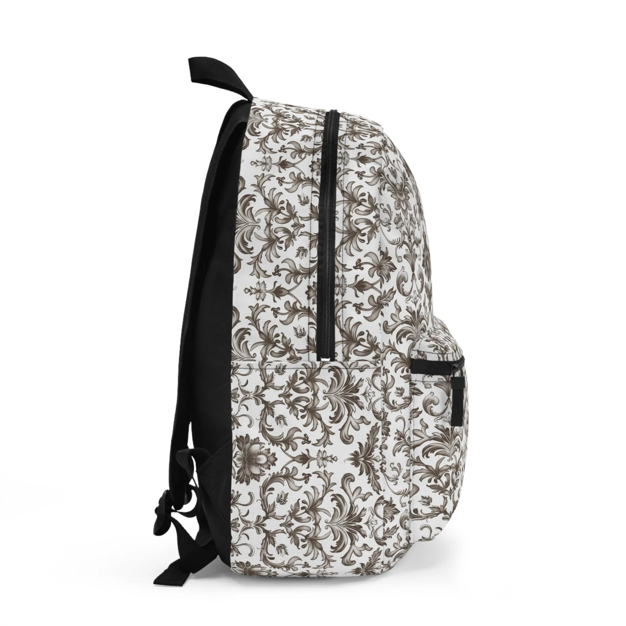 Timeless Rococo Elegance in Detailed Brown and White Floral Pattern Lightweight Stylish Durable Backpack (Made in USA)