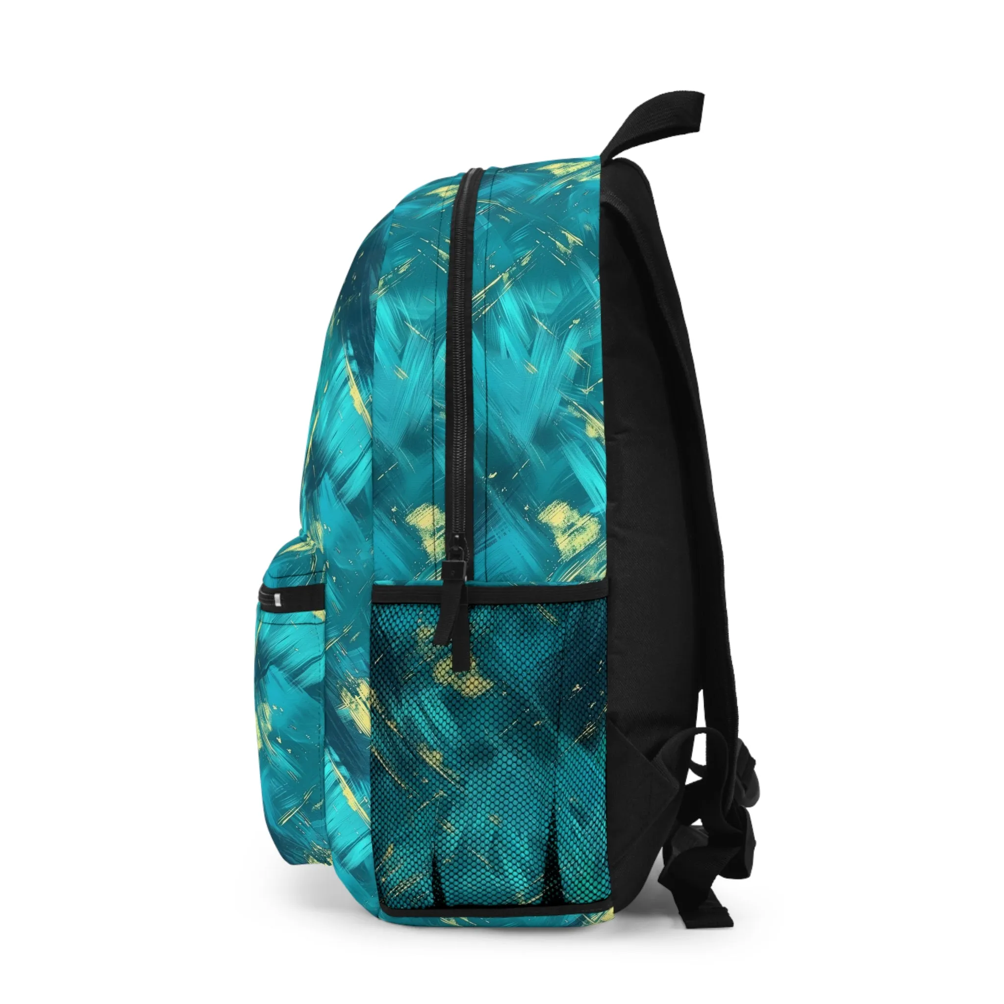 Vibrant Teal and Gold Abstract Brushstroke Pattern Lightweight Stylish Durable Backpack (Made in USA)
