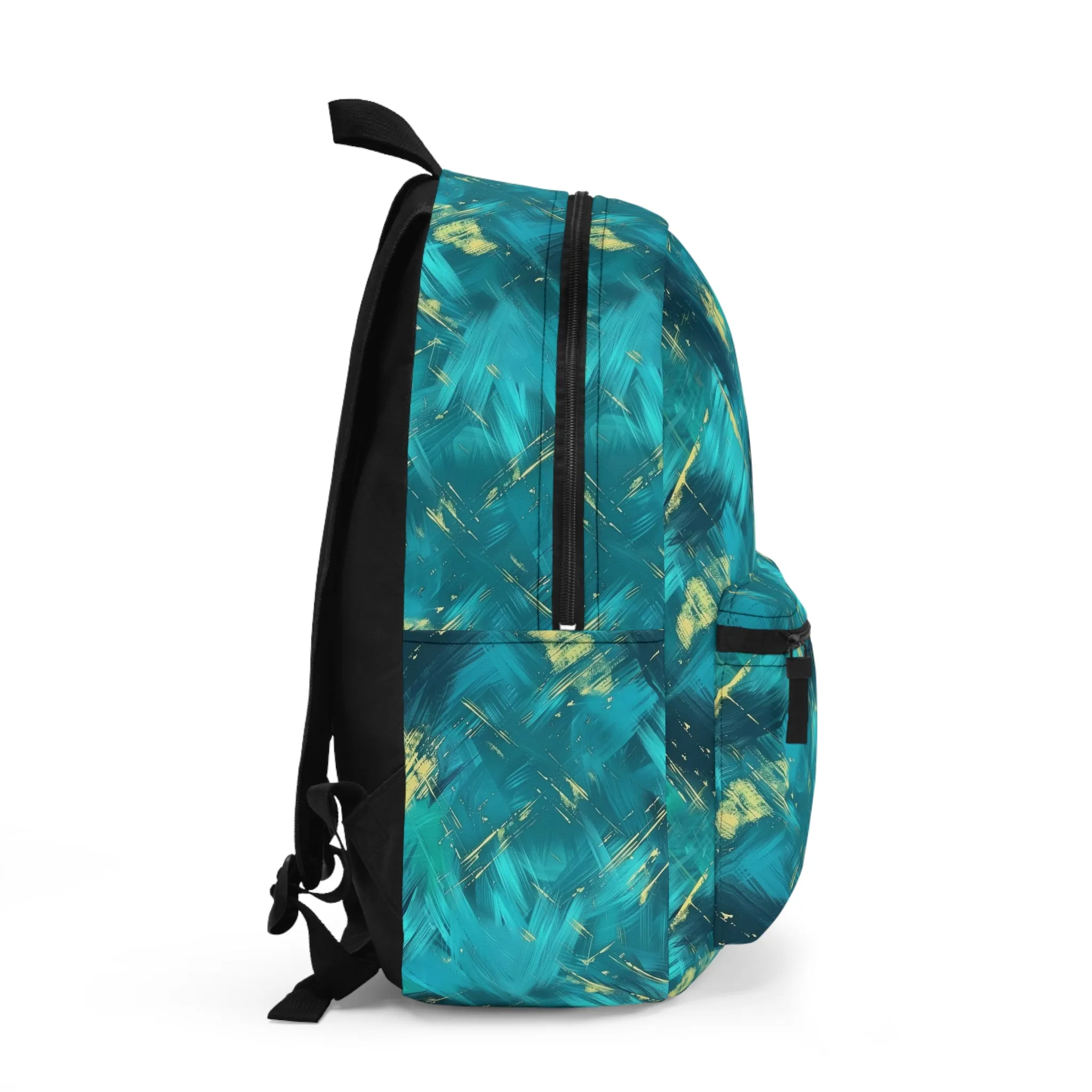 Vibrant Teal and Gold Abstract Brushstroke Pattern Lightweight Stylish Durable Backpack (Made in USA)